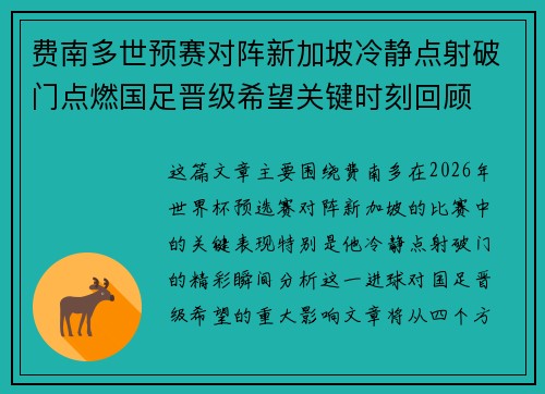 费南多世预赛对阵新加坡冷静点射破门点燃国足晋级希望关键时刻回顾