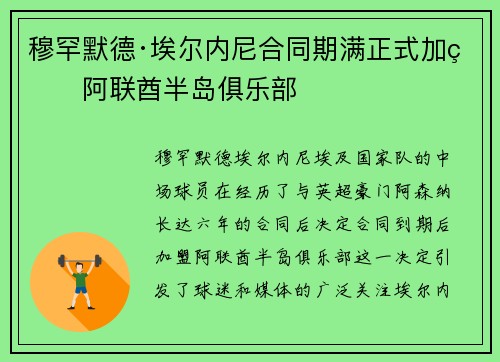 穆罕默德·埃尔内尼合同期满正式加盟阿联酋半岛俱乐部