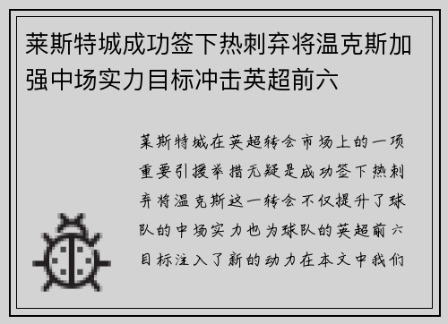 莱斯特城成功签下热刺弃将温克斯加强中场实力目标冲击英超前六 莱斯特城成功签下热刺弃将温克斯加强中场实力目标冲击英超前六